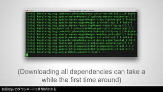 (Downloading all dependencies can take a 
while the first time around) 
初回はjarのダウンロードに時間がかかる 
 