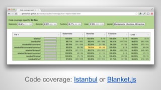Code coverage: Istanbul or Blanket.js 
 
