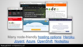 Many node-friendly hosting options: Heroku, 
Joyent, Azure, OpenShift, Nodejitsu 
Node.jsをサポートするホスティング 
 