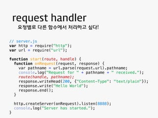 request handler 
요청 
HTTP서버 : 웹페이지 제공 
라우터 : 요청과 요청을 처리할 핸들러들을 연결 
요청 핸들러 : 요청을 만족시키기위한 핸들러 
뷰 로직 : 브라우저로 콘텐트를 만들어 보내기 위한 ...