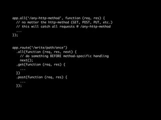 app.all(‘/any-http-method’, function (req, res) { 
// no matter the http-method (GET, POST, PUT, etc.) 
// this will catch all requests @ /any-http-method 
... 
}); 
app.route(‘/write/path/once’) 
.all(function (req, res, next) { 
// do something BEFORE method-specific handling 
next(); 
.get(function (req, res) { 
... 
}) 
.post(function (req, res) { 
... 
}); 
 