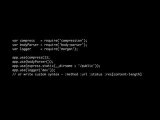 var compress = require('compression'); 
var bodyParser = require('body-parser'); 
var logger = require('morgan'); 
app.use(compress()); 
app.use(bodyParser()); 
app.use(express.static(__dirname + '/public')); 
app.use(logger('dev')); 
// or write custom syntax - :method :url :status :res[content-length] 
 