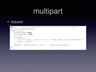 multipart 
• request 
var url = 'https://www.googleapis.com/upload/storage/v1/b/yourbucket/o?' + 
qs.stringify(querystring); 
request.post({ 
preambleCRLF: true, 
postambleCRLF: true, 
url: url, 
multipart: [ 
{ 'Content-Type': 'application/json', body: JSON.stringify(metadata) }, 
{ body: __newFile } 
], 
headers: { Authorization: 'Bearer ' + token.access_token } 
}); 
 