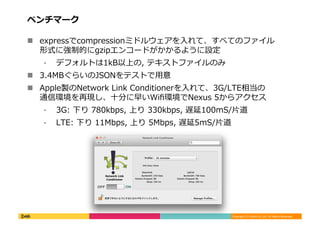 Copyright	
  (C)	
  DeNA	
  Co.,Ltd.	
  All	
  Rights	
  Reserved.	
  
ベンチマーク	
  
!  expressでcompressionミドルウェアを⼊入れて、すべてのファイル
形式に強制的にgzipエンコードがかかるように設定	
  
⁃  デフォルトは1kB以上の,	
  テキストファイルのみ	
  
!  3.4MBぐらいのJSONをテストで⽤用意	
  
!  Apple製のNetwork	
  Link	
  Conditionerを⼊入れて、3G/LTE相当の
通信環境を再現し、⼗十分に早いWiﬁ環境でNexus	
  5からアクセス	
  
⁃  3G:	
  下り	
  780kbps,	
  上り	
  330kbps,	
  遅延100mS/⽚片道	
  
⁃  LTE:	
  下り	
  11Mbps,	
  上り	
  5Mbps,	
  遅延5mS/⽚片道	
  
 