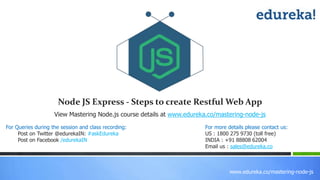 www.edureka.co/mastering-node-js
View Mastering Node.js course details at www.edureka.co/mastering-node-js
For Queries during the session and class recording:
Post on Twitter @edurekaIN: #askEdureka
Post on Facebook /edurekaIN
For more details please contact us:
US : 1800 275 9730 (toll free)
INDIA : +91 88808 62004
Email us : sales@edureka.co
Node JS Express - Steps to create Restful Web App
 