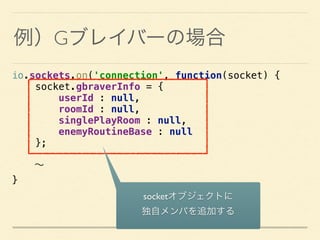 io.sockets.on('connection', function(socket) { 
socket.gbraverInfo = { 
userId : null, 
roomId : null, 
singlePlayRoom : null, 
enemyRoutineBase : null 
};
∼
}
例）Gブレイバーの場合
socketオブジェクトに 
独自メンバを追加する
 