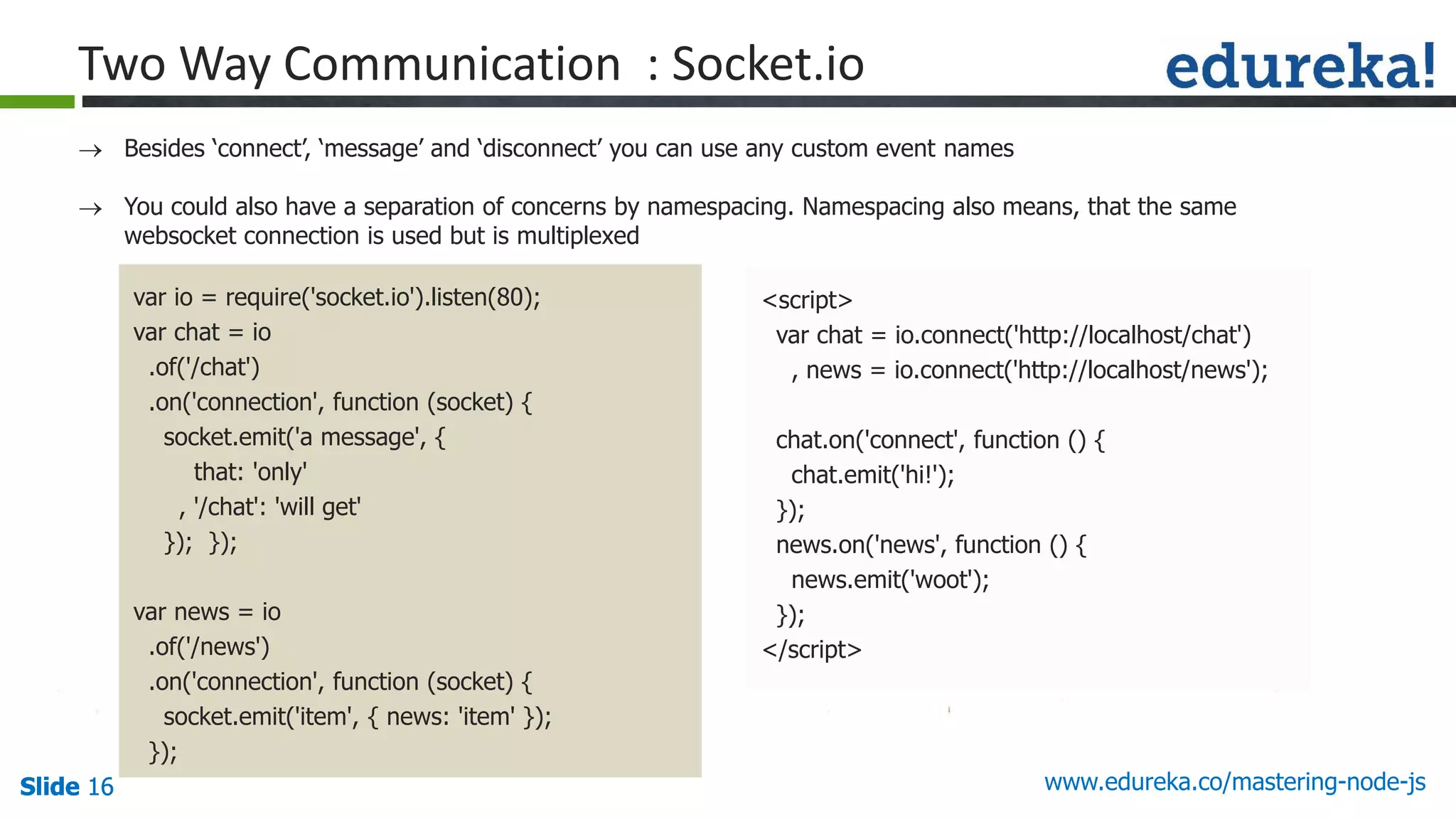 Slide 16 www.edureka.co/mastering-node-jsSlide 16Slide 16Slide 16
 Besides ‘connect’, ‘message’ and ‘disconnect’ you can use any custom event names
 You could also have a separation of concerns by namespacing. Namespacing also means, that the same
websocket connection is used but is multiplexed
var io = require('socket.io').listen(80);
var chat = io
.of('/chat')
.on('connection', function (socket) {
socket.emit('a message', {
that: 'only'
, '/chat': 'will get'
}); });
var news = io
.of('/news')
.on('connection', function (socket) {
socket.emit('item', { news: 'item' });
});
<script>
var chat = io.connect('http://localhost/chat')
, news = io.connect('http://localhost/news');
chat.on('connect', function () {
chat.emit('hi!');
});
news.on('news', function () {
news.emit('woot');
});
</script>
Two Way Communication : Socket.io
 