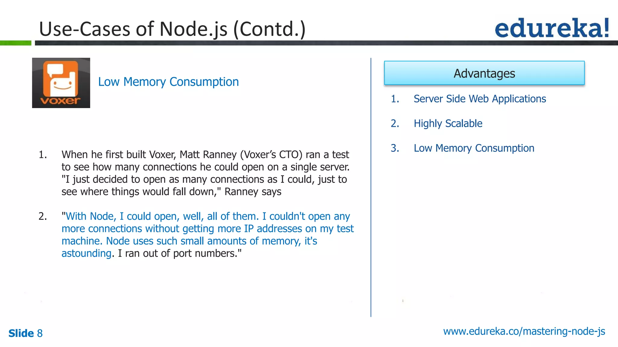 Slide 8 www.edureka.co/mastering-node-jsSlide 8
Use-Cases of Node.js (Contd.)
1. When he first built Voxer, Matt Ranney (Voxer’s CTO) ran a test
to see how many connections he could open on a single server.
"I just decided to open as many connections as I could, just to
see where things would fall down," Ranney says
2. "With Node, I could open, well, all of them. I couldn't open any
more connections without getting more IP addresses on my test
machine. Node uses such small amounts of memory, it's
astounding. I ran out of port numbers."
Low Memory Consumption
1. Server Side Web Applications
2. Highly Scalable
3. Low Memory Consumption
Advantages
 