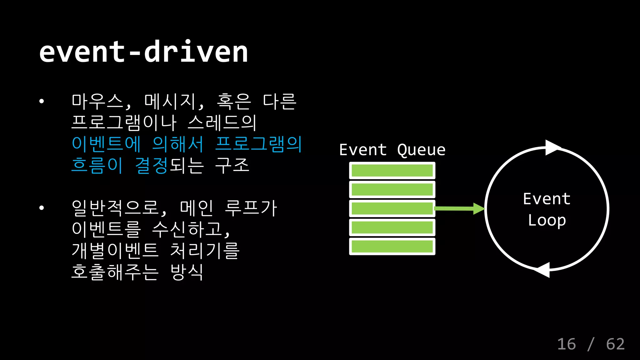 event-driven
• 마우스, 메시지, 혹은 다른
프로그램이나 스레드의
이벤트에 의해서 프로그램의
흐름이 결정되는 구조
• 일반적으로, 메인 루프가
이벤트를 수신하고,
개별이벤트 처리기를
호출해주는 방식
Event Queue
Event
Loop
16 / 62
 