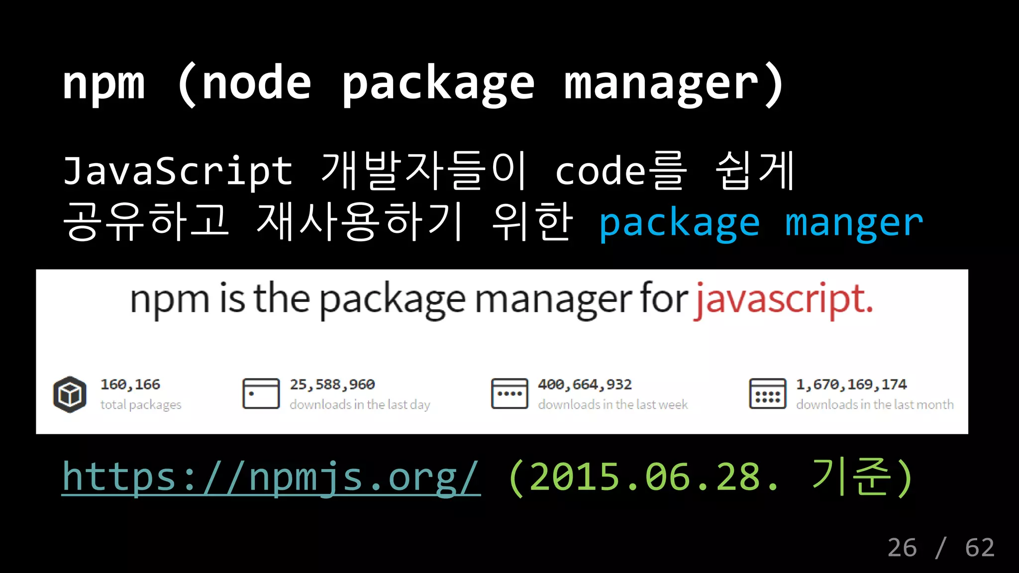 npm (node package manager)
JavaScript 개발자들이 code를 쉽게
공유하고 재사용하기 위한 package manger
https://npmjs.org/ (2015.06.28. 기준)
26 / 62
 