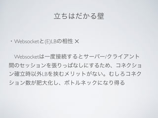 ・Websocketと(E)LBの相性 ✕
 Websocketは一度接続するとサーバー/クライアント
間のセッションを張りっぱなしにするため、コネクショ
ン確立時以外LBを挟むメリットがない。むしろコネク
ション数が肥大化し、ボトルネックになり得る
立ちはだかる壁
 