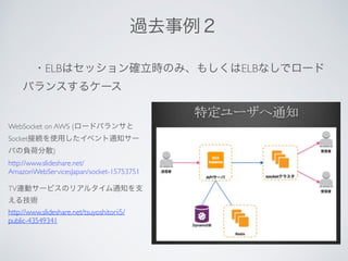  ・ELBはセッション確立時のみ、もしくはELBなしでロード
バランスするケース
   
過去事例２
WebSocket on AWS (ロードバランサと
Socket接続を使用したイベント通知サー
バの負荷分散)
http://www.slideshare.net/
AmazonWebServicesJapan/socket-15753751
TV連動サービスのリアルタイム通知を支
える技術
http://www.slideshare.net/tsuyoshitorii5/
public-43549341
 