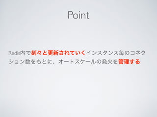 Redis内で刻々と更新されていくインスタンス毎のコネク
ション数をもとに、オートスケールの発火を管理する
Point
 