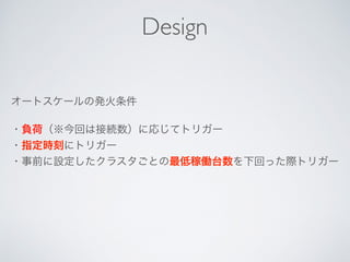 オートスケールの発火条件
・負荷（※今回は接続数）に応じてトリガー
・指定時刻にトリガー
・事前に設定したクラスタごとの最低稼働台数を下回った際トリガー
Design
 