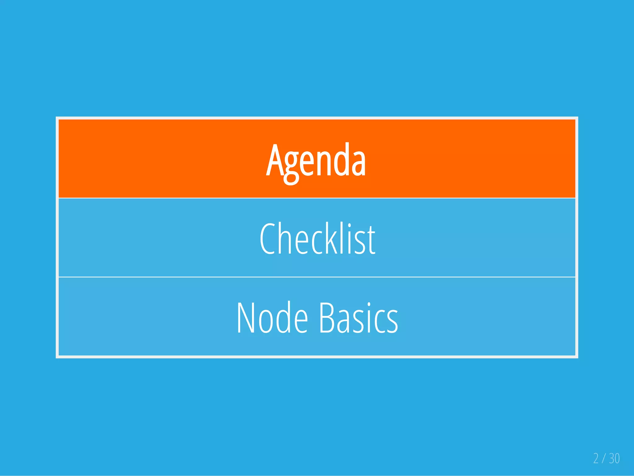 Agenda
Checklist
Node Basics
2 / 30
 