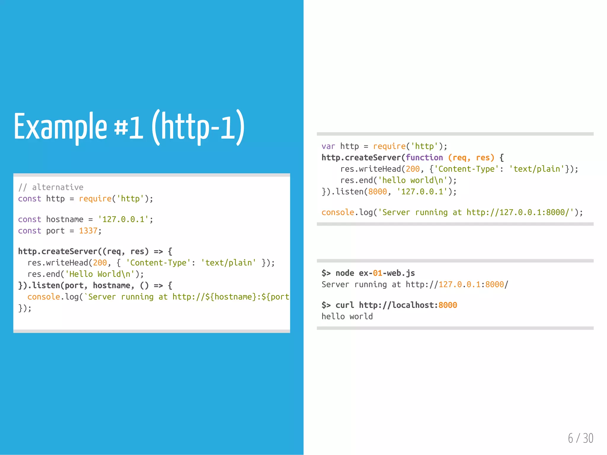 Example #1 (http-1)
//alternative
consthttp=require('http');
consthostname='127.0.0.1';
constport=1337;
http.createServer((req,res)=>{
res.writeHead(200,{'Content-Type':'text/plain'});
res.end('HelloWorldn');
}).listen(port,hostname,()=>{
console.log(`Serverrunningathttp://${hostname}:${port}
});
varhttp=require('http');
http.createServer(function(req,res){
res.writeHead(200,{'Content-Type':'text/plain'});
res.end('helloworldn');
}).listen(8000,'127.0.0.1');
console.log('Serverrunningathttp://127.0.0.1:8000/');
$>nodeex-01-web.js
Serverrunningathttp://127.0.0.1:8000/
$>curlhttp://localhost:8000
helloworld
6 / 30
 