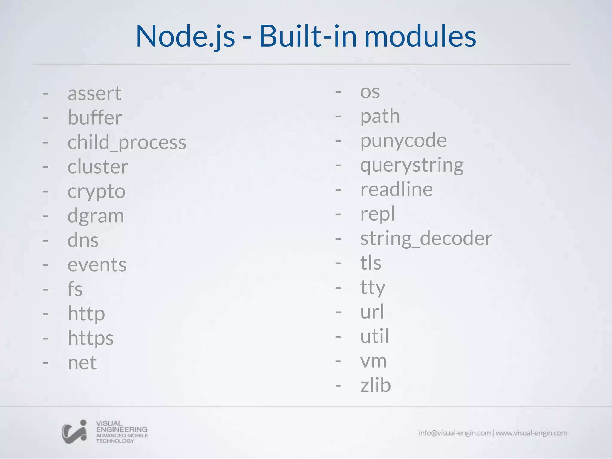 Node.js - Built-in modules
- assert
- buffer
- child_process
- cluster
- crypto
- dgram
- dns
- events
- fs
- http
- https
- net
- os
- path
- punycode
- querystring
- readline
- repl
- string_decoder
- tls
- tty
- url
- util
- vm
- zlib
 