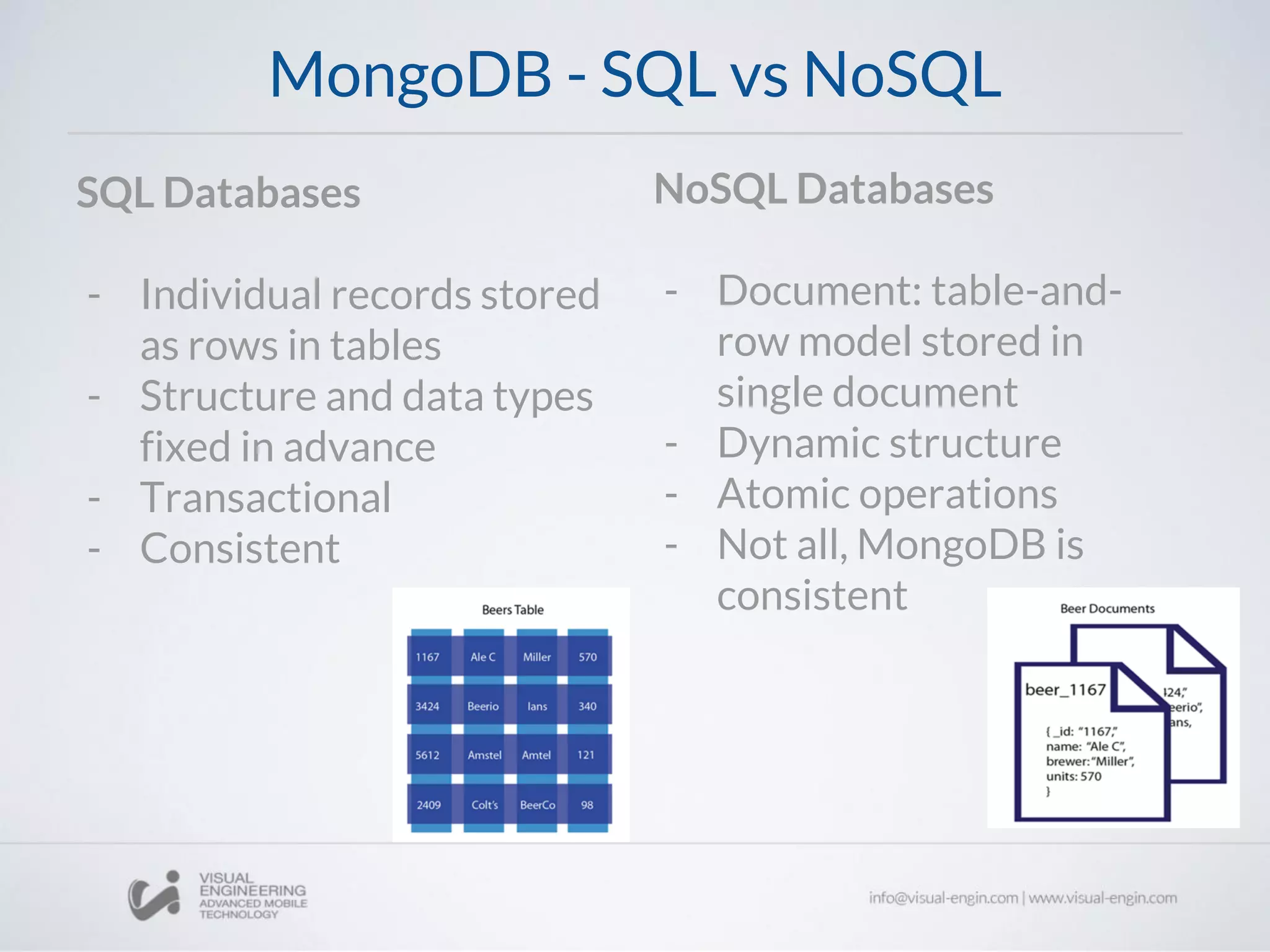 MongoDB - SQL vs NoSQL
SQL Databases
- Individual records stored
as rows in tables
- Structure and data types
fixed in advance
- Transactional
- Consistent
NoSQL Databases
- Document: table-and-
row model stored in
single document
- Dynamic structure
- Atomic operations
- Not all, MongoDB is
consistent
 