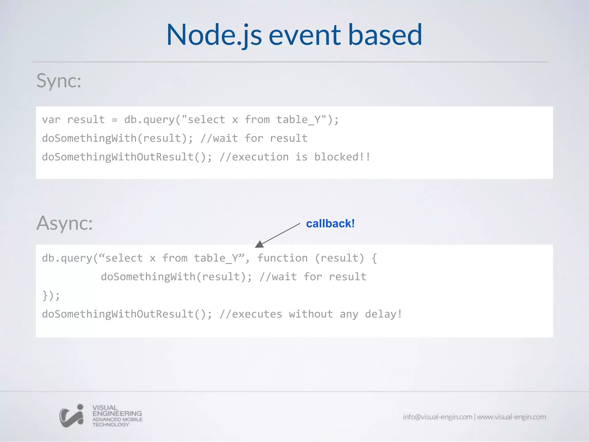 Node.js event based
var result = db.query("select x from table_Y");
doSomethingWith(result); //wait for result
doSomethingWithOutResult(); //execution is blocked!!
Sync:
Async:
db.query(“select x from table_Y”, function (result) {
doSomethingWith(result); //wait for result
});
doSomethingWithOutResult(); //executes without any delay!
callback!
 