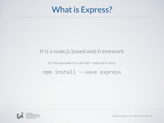 What is Express?
It is a node.js based web framework
It’s the equivalent to a Servlet + web.xml in Java!
npm install --save express
 