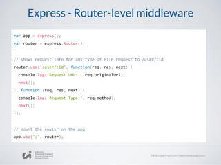 Express - Router-level middleware
var app = express();
var router = express.Router();
// shows request info for any type of HTTP request to /user/:id
router.use('/user/:id', function(req, res, next) {
console.log('Request URL:', req.originalUrl);
next();
}, function (req, res, next) {
console.log('Request Type:', req.method);
next();
});
// mount the router on the app
app.use('/', router);
 