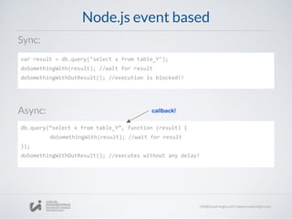 Node.js event based
var result = db.query("select x from table_Y");
doSomethingWith(result); //wait for result
doSomethingWithOutResult(); //execution is blocked!!
Sync:
Async:
db.query(“select x from table_Y”, function (result) {
doSomethingWith(result); //wait for result
});
doSomethingWithOutResult(); //executes without any delay!
callback!
 
