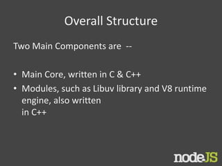 Overall Structure
Two Main Components are --
• Main Core, written in C & C++
• Modules, such as Libuv library and V8 runtime
engine, also written
in C++
 