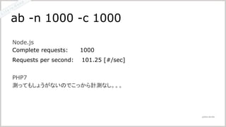 @2016 LIG INC.
Node.js
Complete requests: 1000
Requests per second: 101.25 [#/sec]
PHP7
測ってもしょうがないのでこっから計測なし。。。
ab -n 1000 -c 1000
 