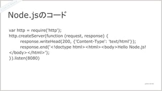 @2016 LIG INC.
var http = require('http');
http.createServer(function (request, response) {
response.writeHead(200, {'Content-Type': 'text/html'});
response.end('<!doctype html><html><body>Hello Node.js!
</body></html>');
}).listen(8080)
Node.jsのコード
 