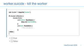 worker.suicide - kill the worker
•  [ ] true
•  [ ] false
11
var cluster = require('cluster');
if (cluster.isMaster) {
cluster.fork()
.on('online', function() {
this.kill('SIGTERM');
})
.on('exit', function() {
// this.suicide is ....
});
} else {
}
 