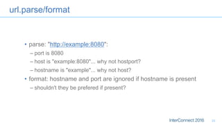 url.parse/format
•  parse: "http://example:8080":
– port is 8080
– host is "example:8080"... why not hostport?
– hostname is "example"... why not host?
•  format: hostname and port are ignored if hostname is present
– shouldn't they be prefered if present?
23
 