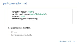 path.parse/format
25
var path = require('path');
var bits = path.parse('some/dir/index.txt');
bits.ext = '.html';
console.log(path.format(bits));
Logs some/dir/index.html...
•  [ ] yes
•  [x] no: some/dir/index.txt
 