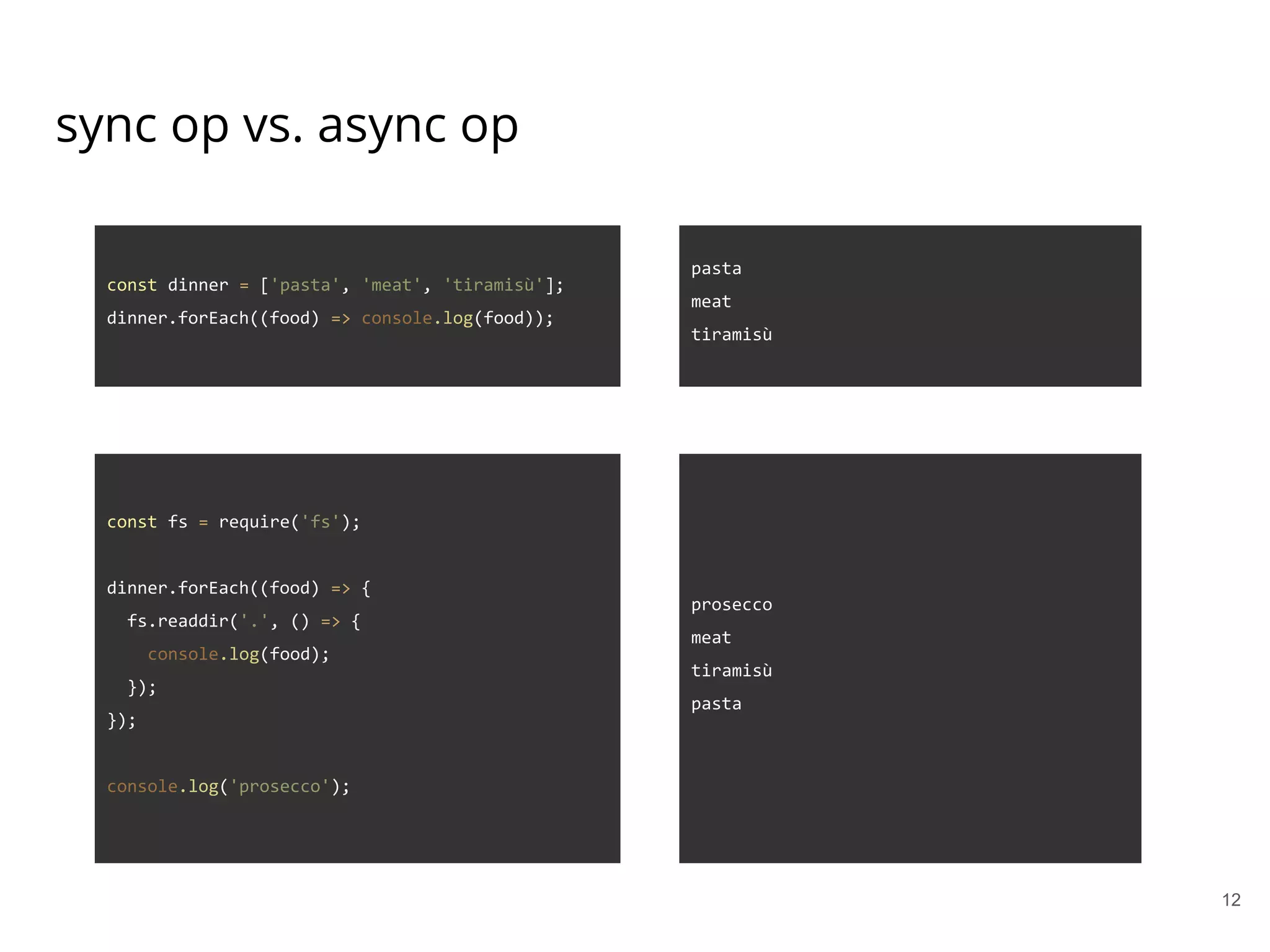 sync op vs. async op
const dinner = ['pasta', 'meat', 'tiramisù'];
dinner.forEach((food) => console.log(food));
const fs = require('fs');
dinner.forEach((food) => {
fs.readdir('.', () => {
console.log(food);
});
});
console.log('prosecco');
12
pasta
meat
tiramisù
prosecco
meat
tiramisù
pasta
 