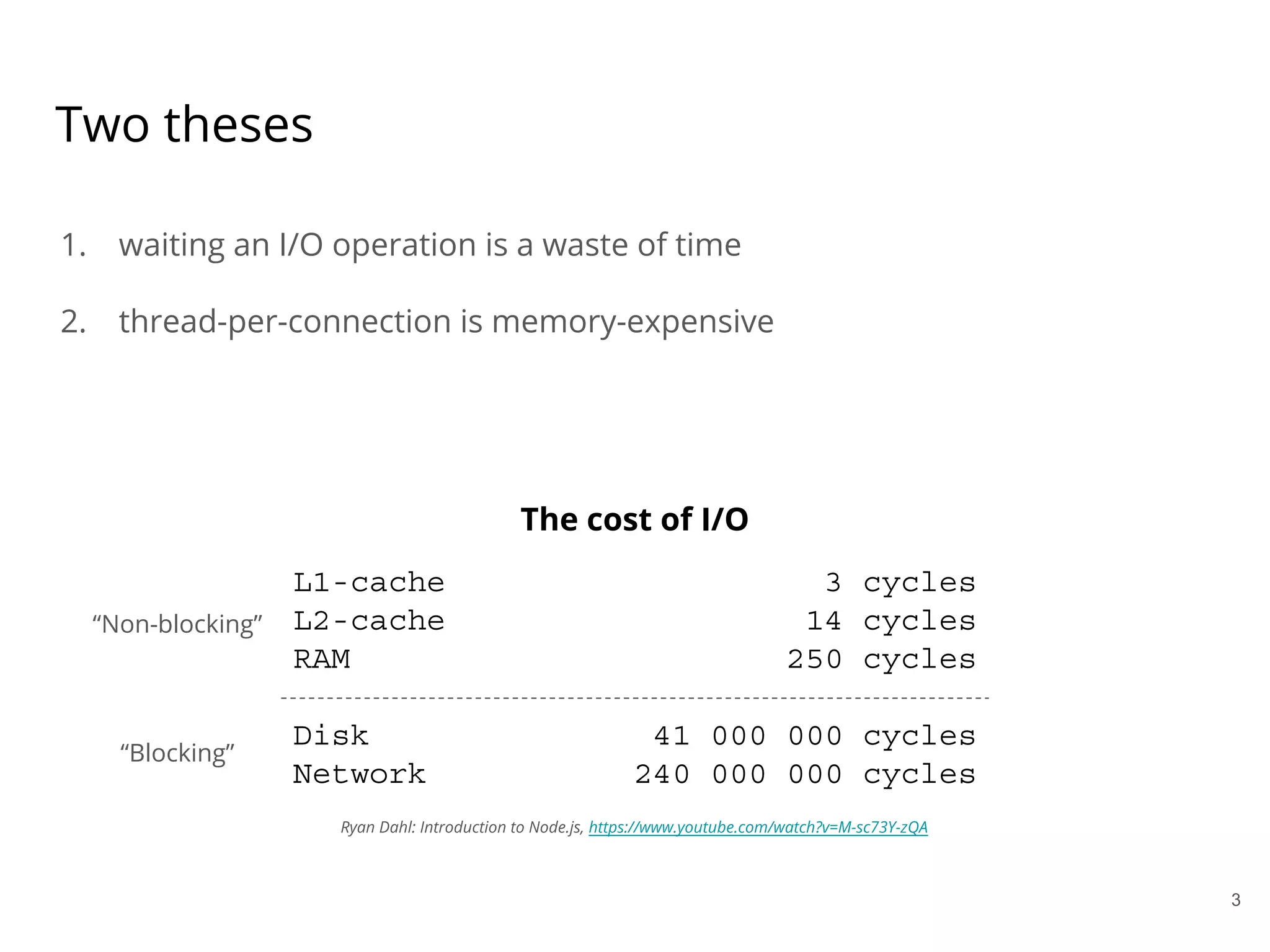 Two theses
1. waiting an I/O operation is a waste of time
2. thread-per-connection is memory-expensive
“Non-blocking”
L1-cache
L2-cache
RAM
Disk
Network
The cost of I/O
3 cycles
14 cycles
250 cycles
41 000 000 cycles
240 000 000 cycles
“Blocking”
3
Ryan Dahl: Introduction to Node.js, https://www.youtube.com/watch?v=M-sc73Y-zQA
 