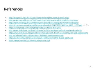 14
References
● http://blog.mixu.net/2011/02/01/understanding-the-node-js-event-loop/
● http://www.journaldev.com/7462/node-js-architecture-single-threaded-event-loop
● http://neilk.net/blog/2013/04/30/why-you-should-use-nodejs-for-CPU-bound-tasks/
● https://oparu.uni-ulm.de/xmlui/bitstream/handle/123456789/2450/vts_8082_11772.pdf, ch. 5.5
● https://strongloop.com/strongblog/node-js-is-faster-than-java/
● http://www.slideshare.net/RonPerlmuter/nodejs-meetup-at-palo-alto-networks-tel-aviv
● http://www.slideshare.net/ganeshiyer7/nodejs-event-driven-concurrency-for-web-applications
● http://stackoverflow.com/questions/10680601/nodejs-event-loop
● http://stackoverflow.com/questions/22644328/when-is-the-thread-pool-used
● https://www.youtube.com/watch?v=M-sc73Y-zQA
 