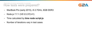 How tests were prepared?
• MacBook Pro (early 2015), i5 2.7GHz, 8GB DDR3
• Node.js 7.7.1 (V8 5.5.372.41)
• Time calculated by time node script.js
• Number of iterations vary in test cases
Optimizations & memory representation by examples
 