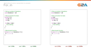 For..in
// Set up number of iterations
const iterations = 1e8
// Set up function for tests
function f () {
var obj = {}
var key
for (key in obj) {
// Do nothing
}
}
// Benchmark function
for (var i = 0; i < iterations; i++) {
f(1, 2, 3, 4, 5)
}
real: 1.416s user: 1.281s sys: 0.042s
// Set up number of iterations
const iterations = 1e8
// Set up function for tests
var key
function f () {
var obj = {}
for (key in obj) {
// Do nothing
}
}
// Benchmark function
for (var i = 0; i < iterations; i++) {
f(1, 2, 3, 4, 5)
}
real: 3.181s user: 2.868s sys: 0.055s
Optimizations & memory representation by examples
 