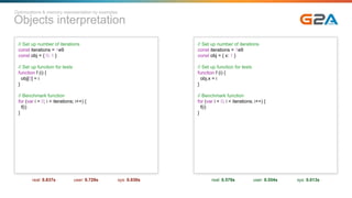 Objects interpretation
// Set up number of iterations
const iterations = 1e9
const obj = { 0: 1 }
// Set up function for tests
function f (i) {
obj[0] = i
}
// Benchmark function
for (var i = 0; i < iterations; i++) {
f(i)
}
real: 0.837s user: 0.729s sys: 0.030s
// Set up number of iterations
const iterations = 1e9
const obj = { x: 1 }
// Set up function for tests
function f (i) {
obj.x = i
}
// Benchmark function
for (var i = 0; i < iterations; i++) {
f(i)
}
real: 0.579s user: 0.554s sys: 0.013s
Optimizations & memory representation by examples
 