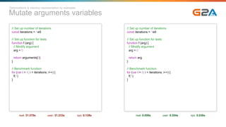 Mutate arguments variables
// Set up number of iterations
const iterations = 1e9
// Set up function for tests
function f (arg) {
// Modify argument
arg = 0
return arguments[0]
}
// Benchmark function
for (var i = 0; i < iterations; i++) {
f(1)
}
real: 31.570s user: 31.233s sys: 0.128s
// Set up number of iterations
const iterations = 1e9
// Set up function for tests
function f (arg) {
// Modify argument
arg = 0
return arg
}
// Benchmark function
for (var i = 0; i < iterations; i++) {
f(1)
}
real: 0.699s user: 0.554s sys: 0.036s
Optimizations & memory representation by examples
 