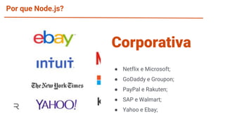 Por que Node.js?
● Netflix e Microsoft;
● GoDaddy e Groupon;
● PayPal e Rakuten;
● SAP e Walmart;
● Yahoo e Ebay;
Corporativa
 