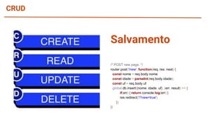 CRUD
/* POST new page. */
router.post('/new', function(req, res, next) {
const nome = req.body.nome
const idade = parseInt(req.body.idade);
const uf = req.body.uf
global.db.insert({nome, idade, uf}, (err, result) => {
if(err) { return console.log(err) }
res.redirect('/?new=true')
})
})
Salvamento
 