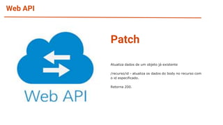 Web API
Atualiza dados de um objeto já existente
/recurso/id - atualiza os dados do body no recurso com
o id especificado.
Retorna 200.
Patch
 
