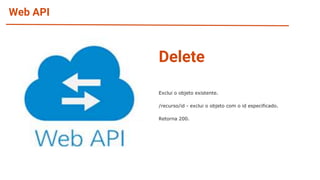 Web API
Exclui o objeto existente.
/recurso/id - exclui o objeto com o id especificado.
Retorna 200.
Delete
 