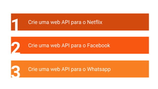 1 Crie uma web API para o Netflix
2 Crie uma web API para o Facebook
3 Crie uma web API para o Whatsapp
 