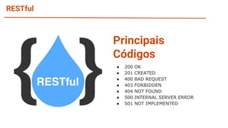 RESTful
Principais
Códigos
● 200 OK
● 201 CREATED
● 400 BAD REQUEST
● 403 FORBIDDEN
● 404 NOT FOUND
● 500 INTERNAL SERVER ERROR
● 501 NOT IMPLEMENTED
 