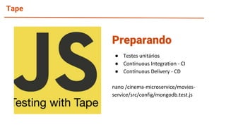 Tape
● Testes unitários
● Continuous Integration - CI
● Continuous Delivery - CD
nano /cinema-microservice/movies-
service/src/config/mongodb.test.js
Preparando
 