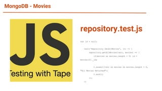MongoDB - Movies
var id = null;
test('Repository GetAllMovies', (t) => {
repository.getAllMovies((err, movies) => {
if(movies && movies.length > 0) id =
movies[0]._id;
t.assert(!err && movies && movies.length > 0,
"All Movies Returned");
t.end();
});
})
repository.test.js
 