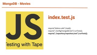 MongoDB - Movies
require("dotenv-safe").load();
require("./config/mongodb.test").runTests();
require("./repository/repository.test").runTests();
index.test.js
 