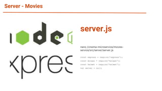 Server - Movies
nano /cinema-microservice/movies-
service/src/server/server.js
const express = require('express');
const morgan = require('morgan');
const helmet = require('helmet');
var server = null;
server.js
 