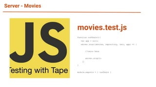 Server - Movies
function runTests(){
var app = null;
server.start(movies, repository, (err, app) => {
//tests here
server.stop();
})
}
module.exports = { runTests }
movies.test.js
 